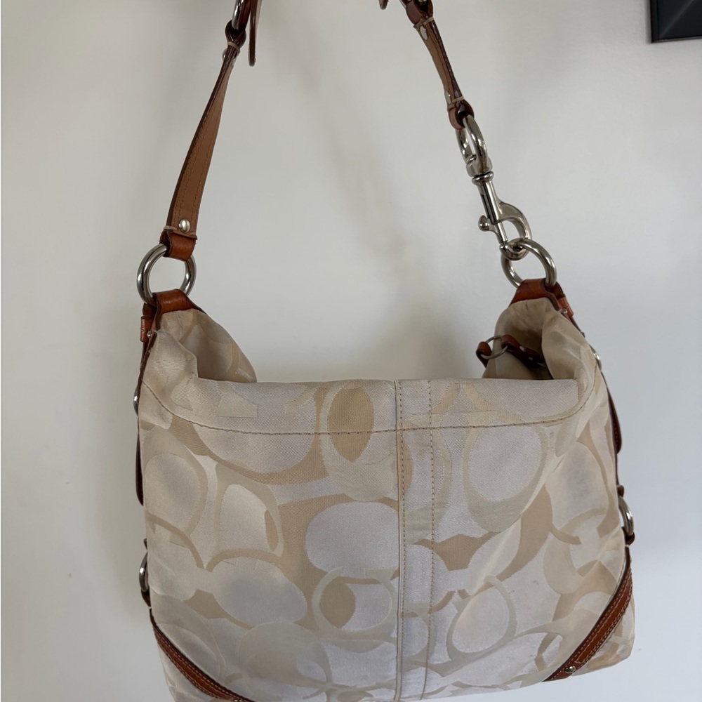 Coach Beige Signature Canvas Shoulder Bag with Brown Leather Trim